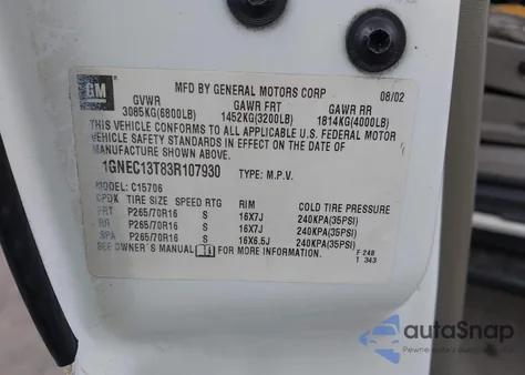 2003 Chevrolet Tahoe Ls из США, поврежденный, VIN 1GNEC13T83R107930